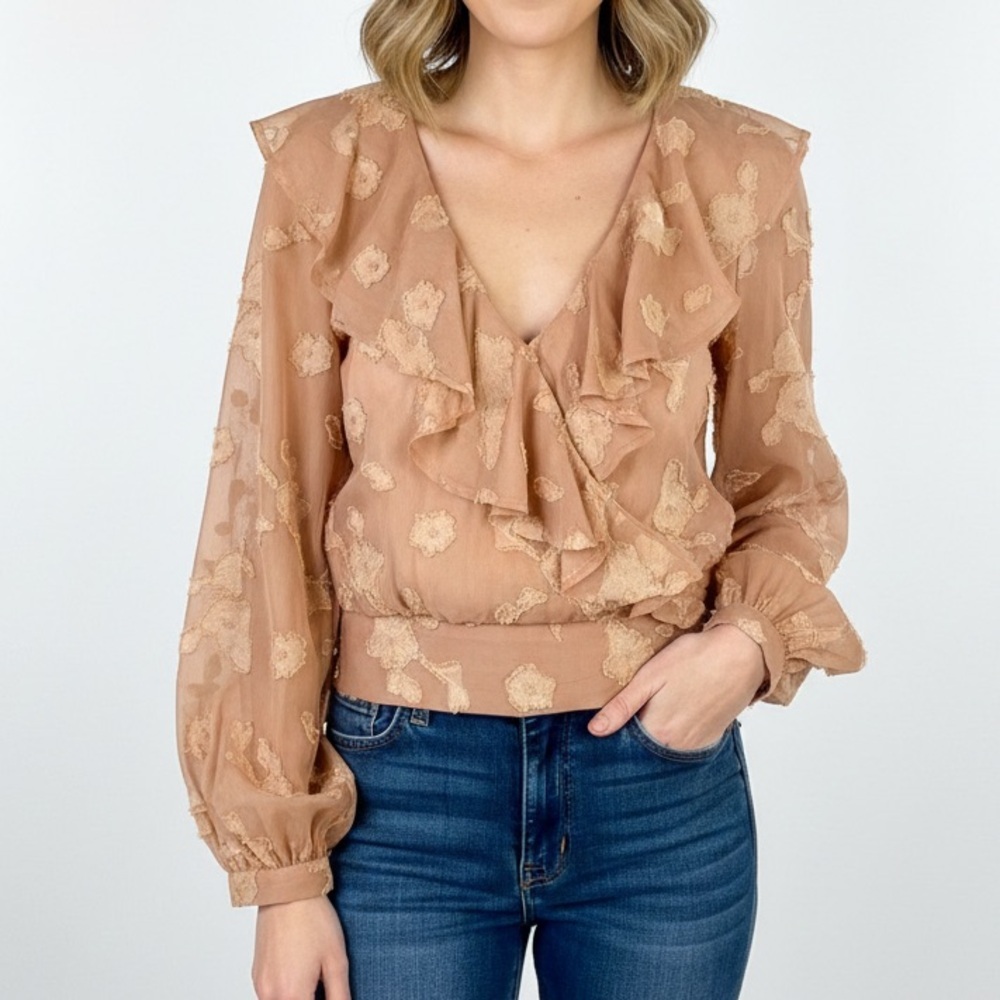 LoveColette Womens Elegant Tan Ruffle Blouse Size S